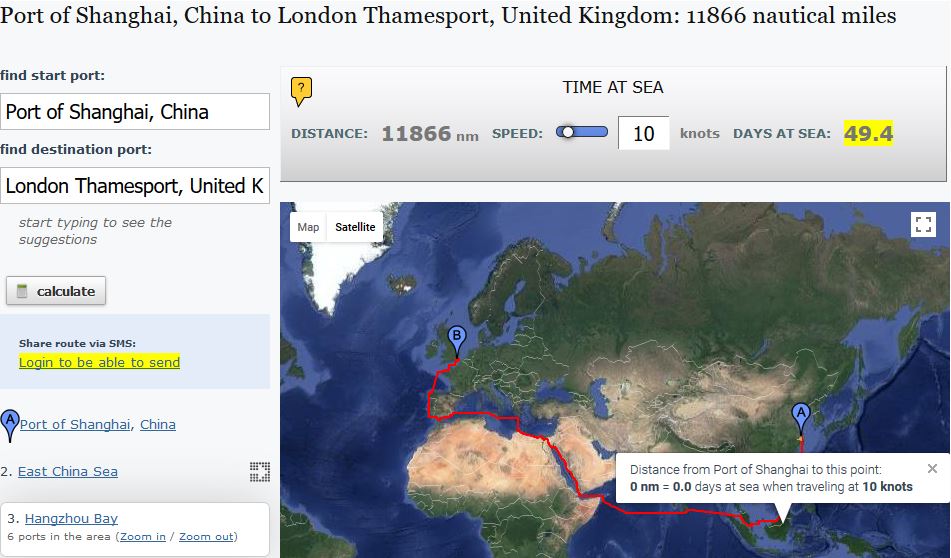Sea route from Shanghai, China to London Thamesport U.K.