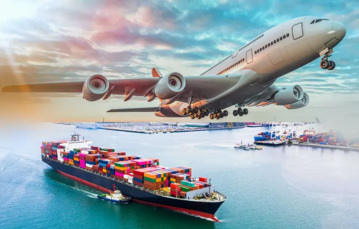 Ships and planes are engaged in transporting goods.