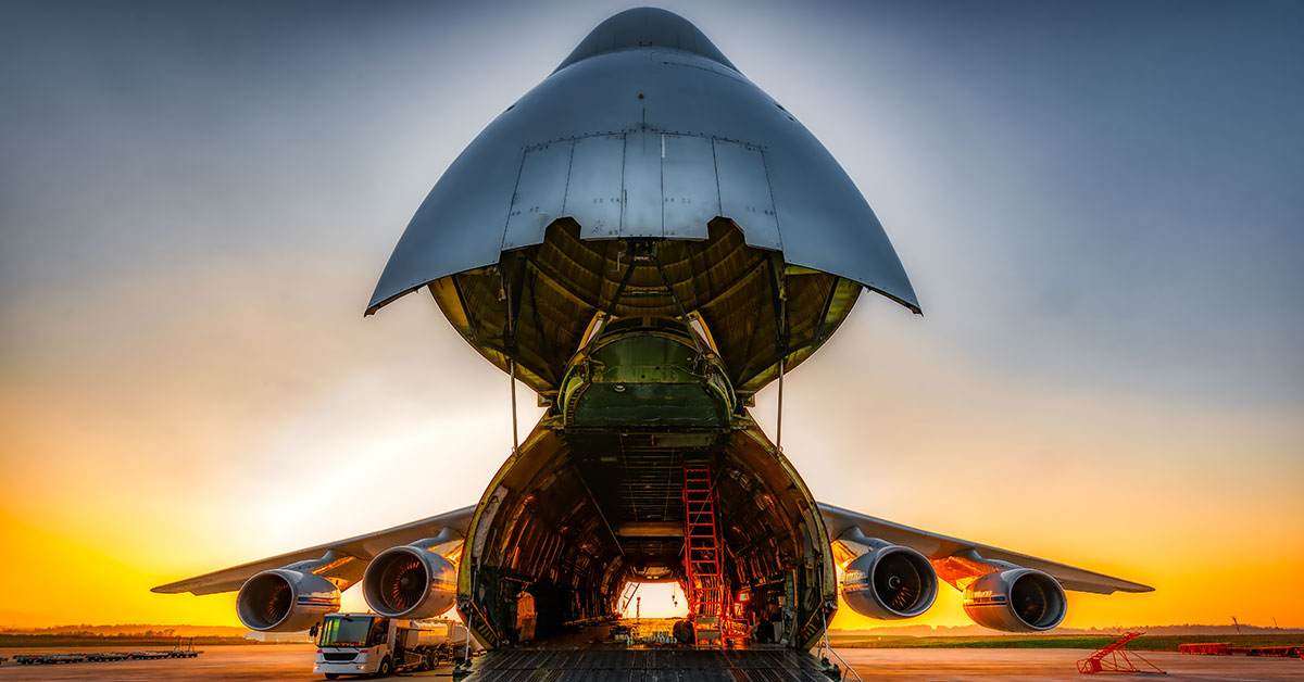 The aircraft is loaded with goods and is preparing for air transportation.